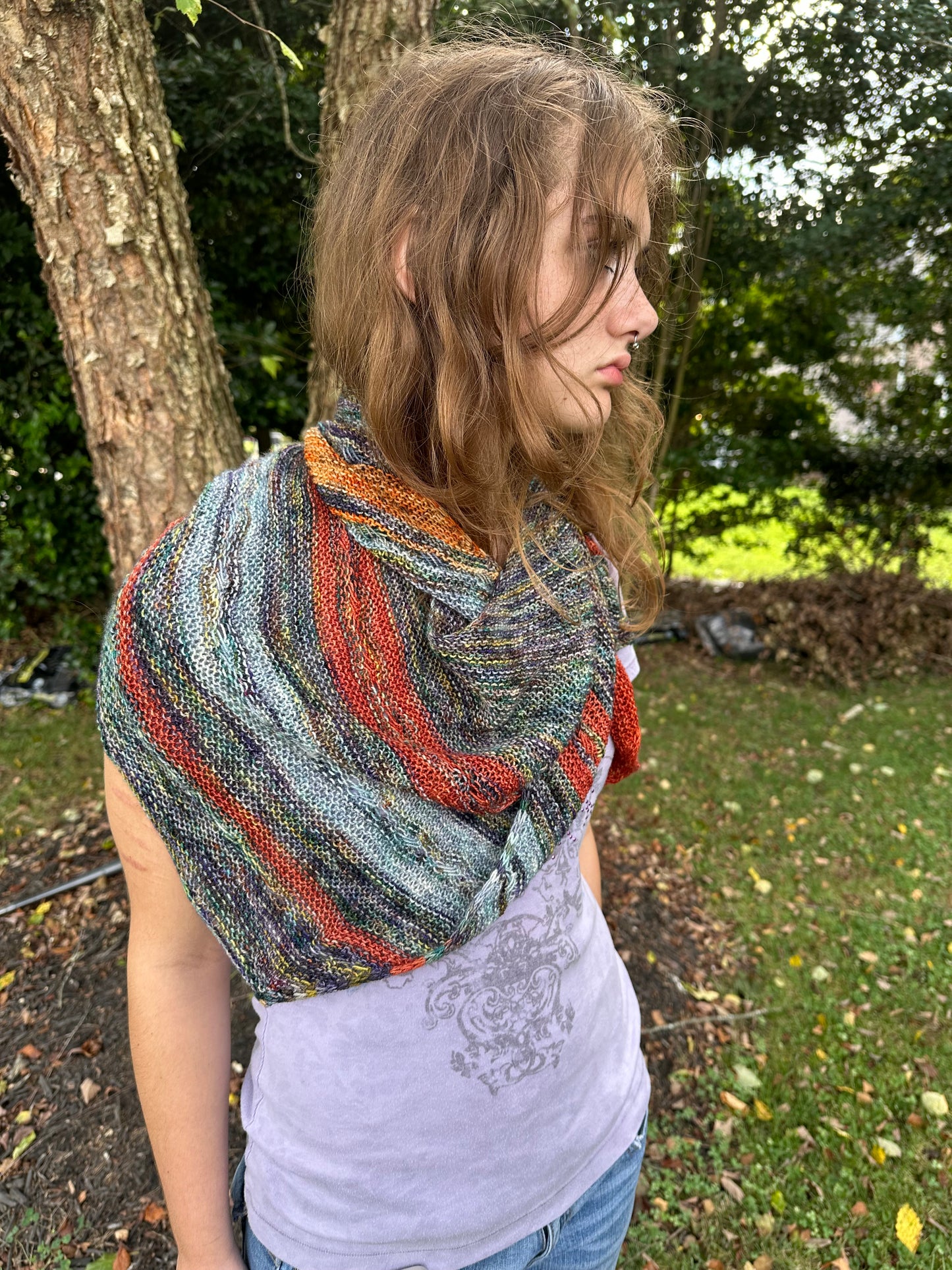 Autumn Skies: Hand-Knit Shawl in Blues & Sunset Orange