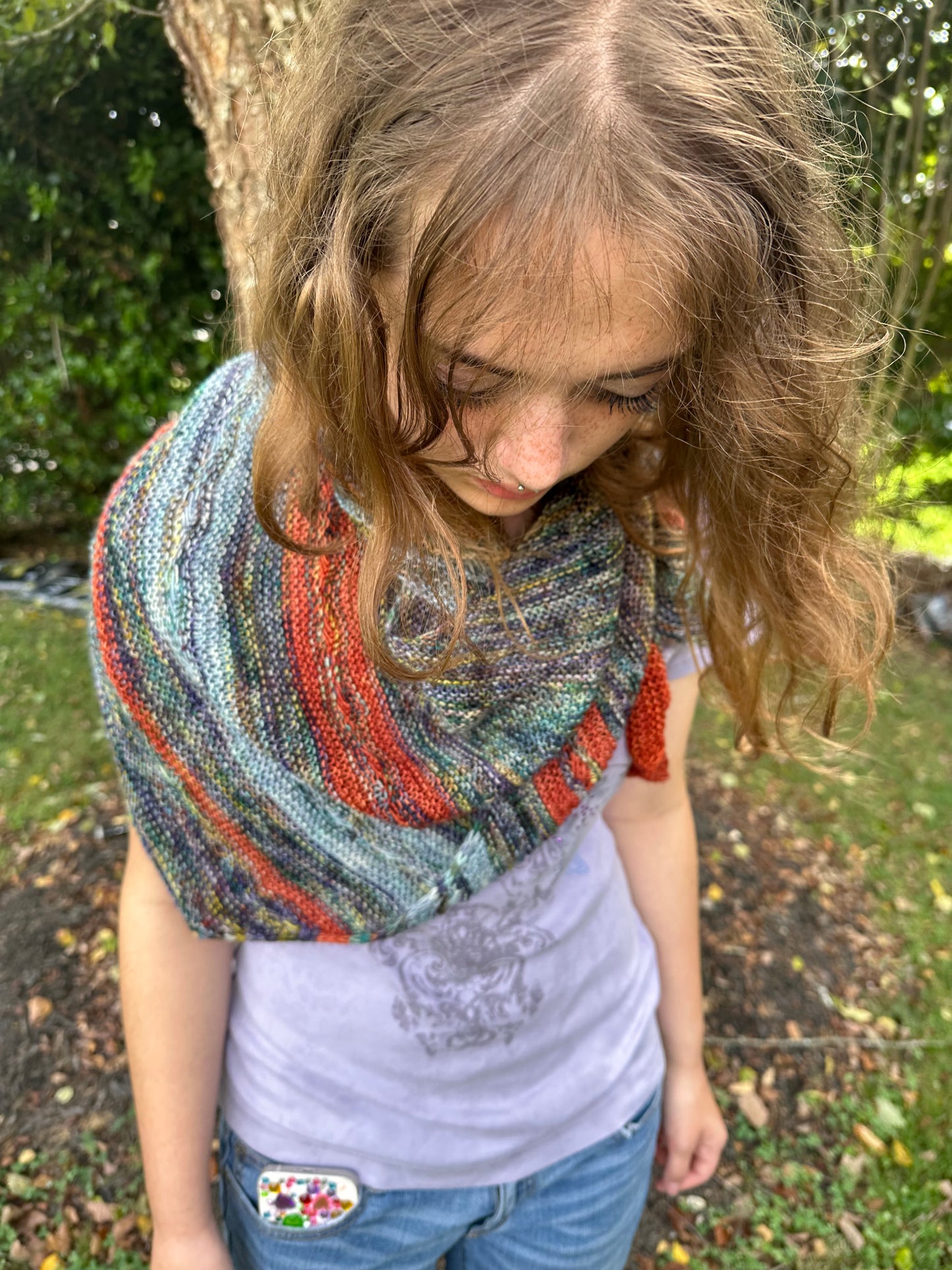 Autumn Skies: Hand-Knit Shawl in Blues & Sunset Orange