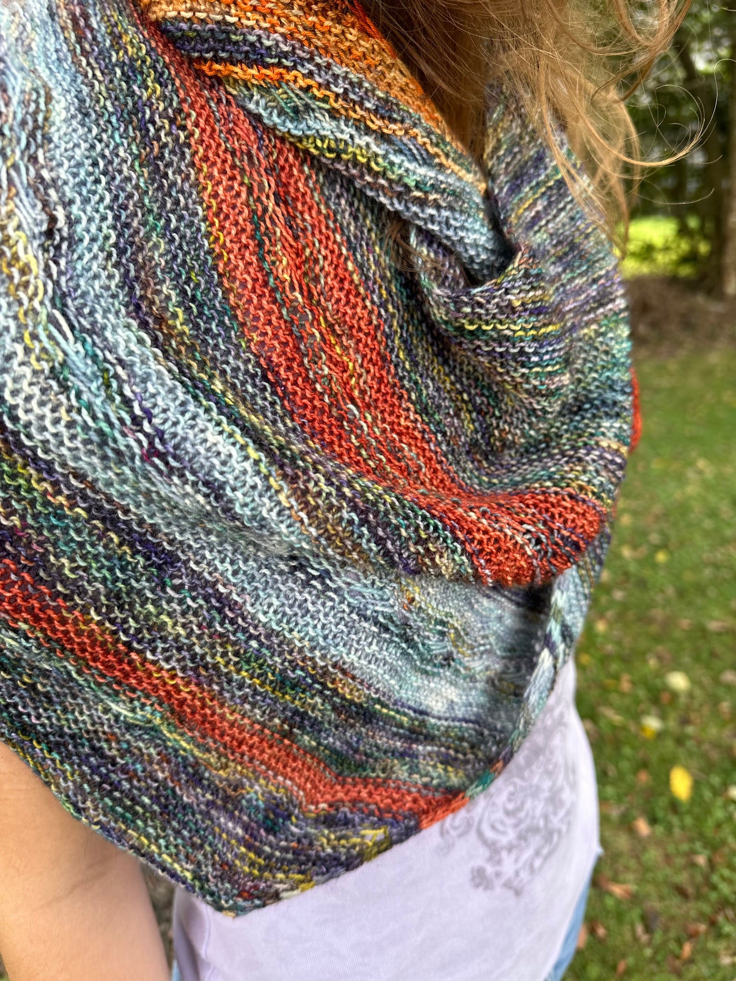 Autumn Skies: Hand-Knit Shawl in Blues & Sunset Orange