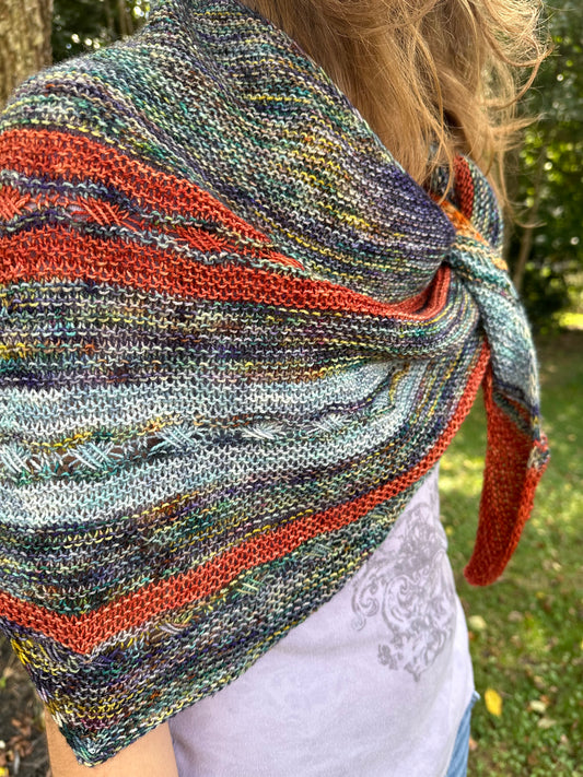 Autumn Skies: Hand-Knit Shawl in Blues & Sunset Orange