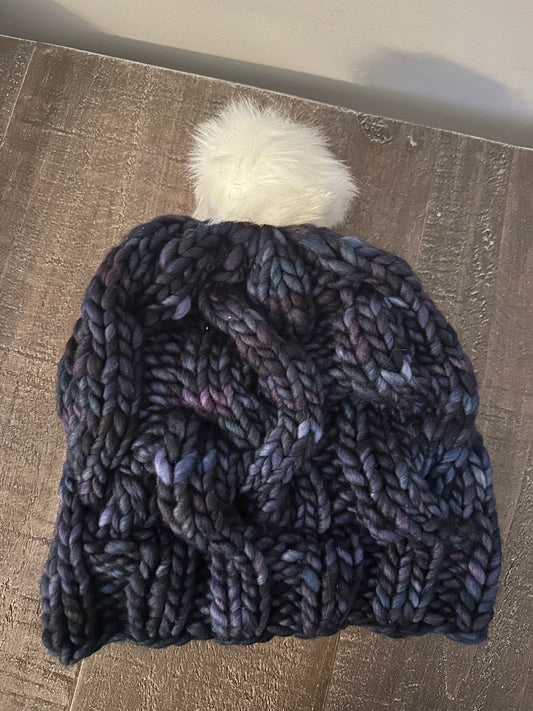 Midnight Frost: Cable Knit Hat with Variagated Blue and White Pom-Pom